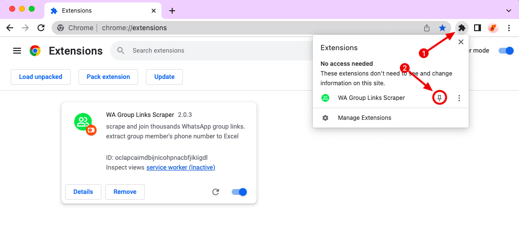 WA Group Links Scraper chrome extension install pin